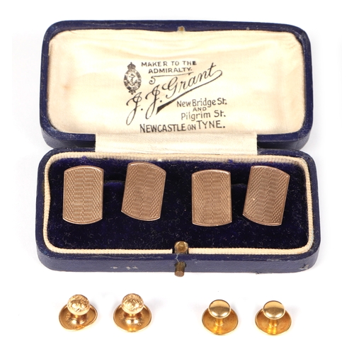 492 - A pair of gentleman's 9ct gold cufflinks with engine turned decoration, 6.9g, boxed; together with f... 