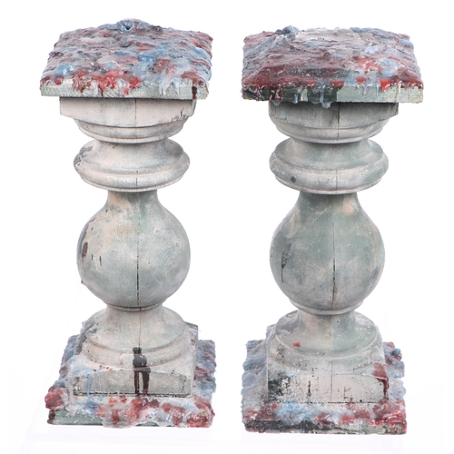 341 - A pair of vintage French wooden balusters in a distressed painted finish, repurposed as candlesticks... 