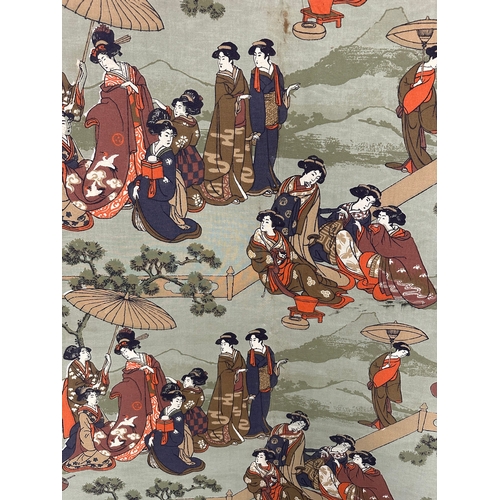 593 - An early 20th century chinoiserie four-fold fabric screen, overall 160 by 168cms high.