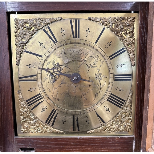 386 - A longcase clock fitted with an 18th century movement with 28cms square brass dial, the chapter ring... 