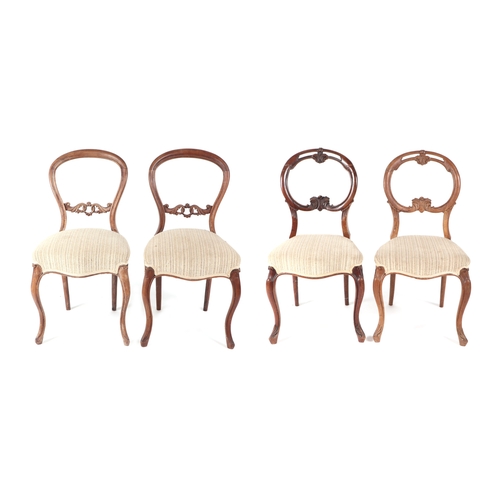 757 - A harlequin set of four 19th century walnut balloon back dining chairs with upholstered overstuffed ... 