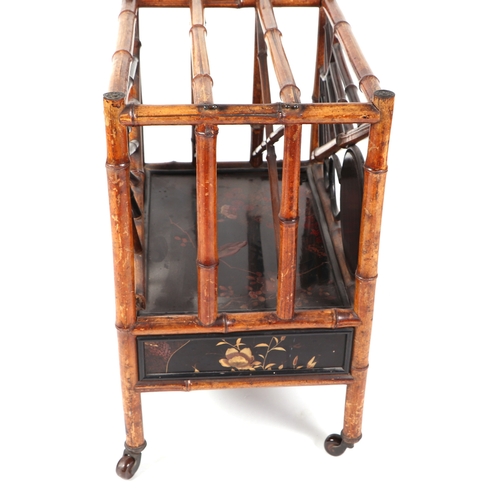 756 - An Aesthetic period bamboo and black lacquer three-division Canterbury with single frieze drawer, th... 