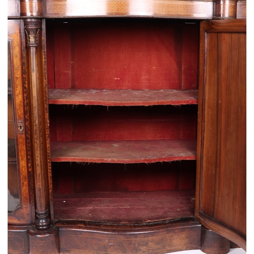 733 - A Victorian walnut and rosewood crossbanded breakfront Credenza with brass inlaid decoration, the ce... 