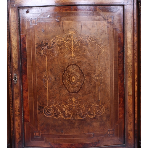 733 - A Victorian walnut and rosewood crossbanded breakfront Credenza with brass inlaid decoration, the ce... 