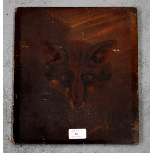 148 - Hunting interest:  early 20th century British school - A Fox Mask - oil on panel, 28 by 30cms.