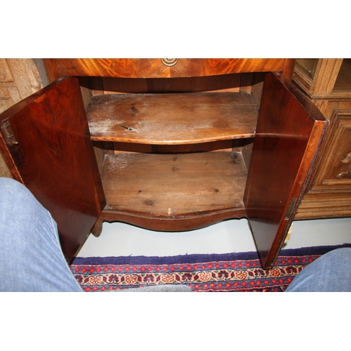 630 - A 19th century continental figured mahogany serpentine fronted side cabinet with shaped figured gree... 