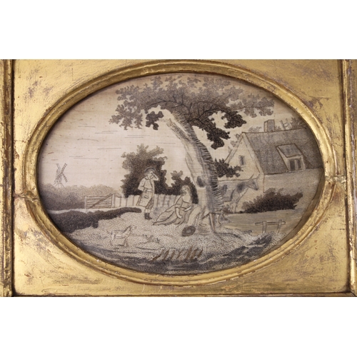 34 - An 18th century English oval silkwork embroidered panel depicting a landscape with a couple beneath ... 