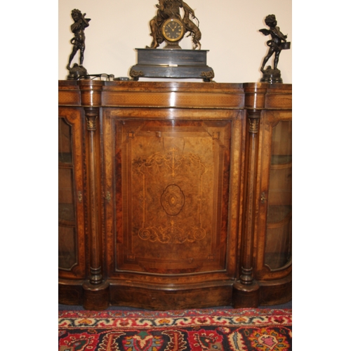 733 - A Victorian walnut and rosewood crossbanded breakfront Credenza with brass inlaid decoration, the ce... 