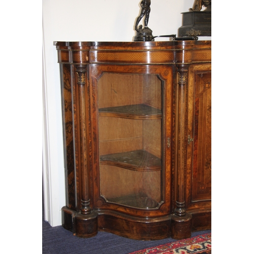 733 - A Victorian walnut and rosewood crossbanded breakfront Credenza with brass inlaid decoration, the ce... 