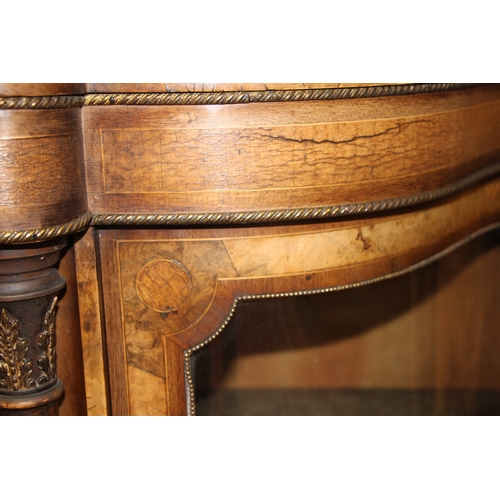 733 - A Victorian walnut and rosewood crossbanded breakfront Credenza with brass inlaid decoration, the ce... 