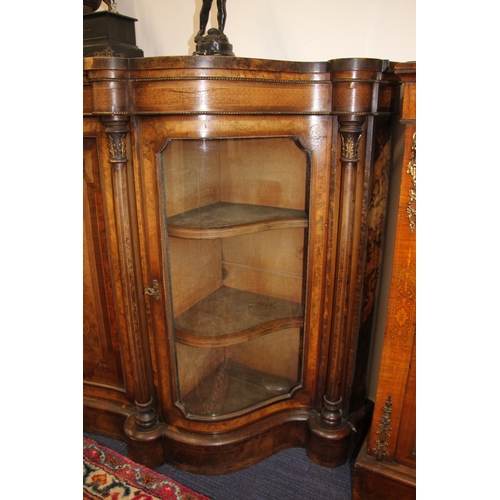 733 - A Victorian walnut and rosewood crossbanded breakfront Credenza with brass inlaid decoration, the ce... 