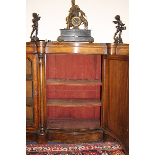 733 - A Victorian walnut and rosewood crossbanded breakfront Credenza with brass inlaid decoration, the ce... 