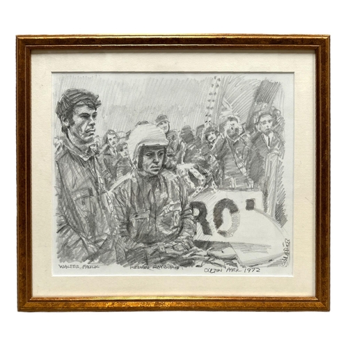 105 - Motorcycle Road Racing Interest - a pencil drawing featuring Walter Fauck and Calvin (Cal) Rayborn a... 