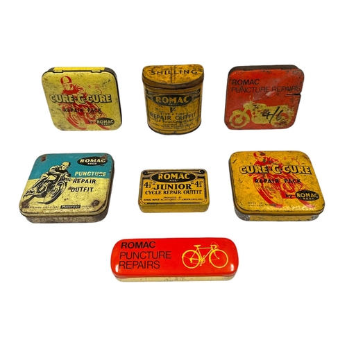 112 - A selection of Romac vintage motorcycle and bicycle repair puncture tin kits including Shilling exam... 