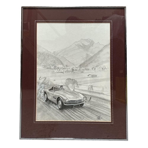 49 - English school Modern British - A BMW 507 Driving Through an Alpine Scene - pencil heightened with c... 