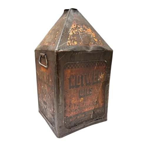 60 - A rare Notwen Oils 5-gallon conical oil can with pictorial panels including the depiction of a racin... 