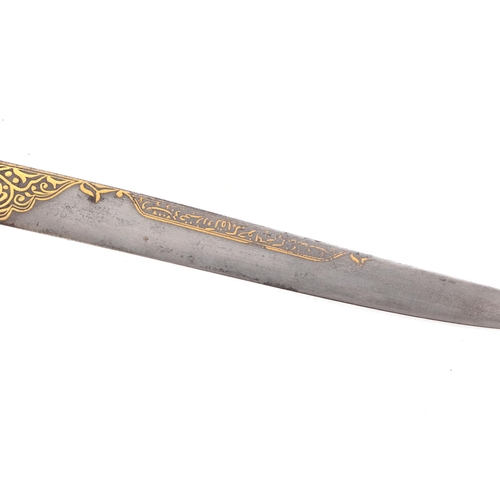 121 - A late 18th / early 19th century Ottoman dagger, the sharply pointed single edged blade with yellow ... 