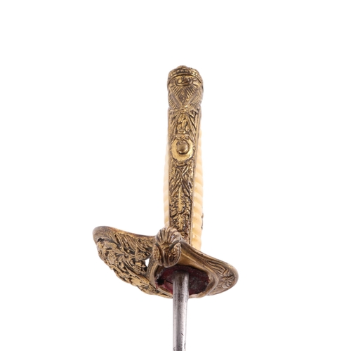 123 - A Naval Officer's dress sword with gilt metal mounts and leather scabbard and having an ivory grip, ... 