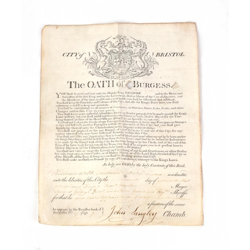 16 - Ephemera relating to the City of Bristol, The Oath of Burgess made out to William Webb, Mathematical... 