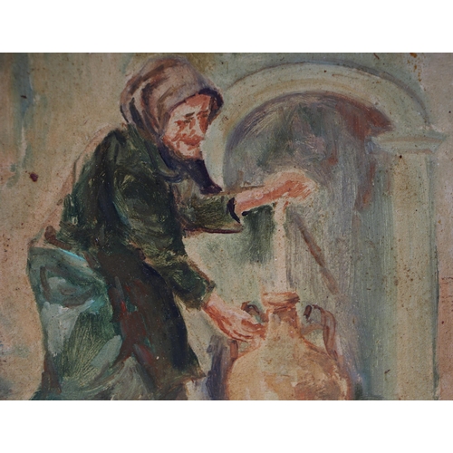 162 - Continental school - Old Woman with a Olive Jar - indistinctly signed lower left, oil on board, fram... 