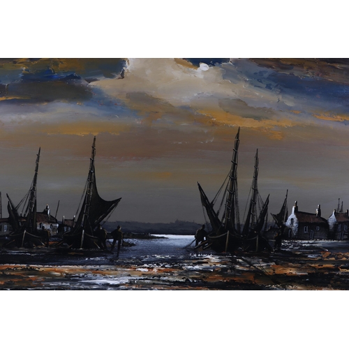 177 - Edward Elliot (b1918) - Fishing Boats at Low Tide - signed lower left, oil on board, framed, 100 by ... 