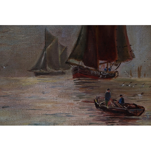 183 - Early 20th century school - Fishermen in a Boat - oil on canvas, framed, 16by 29cms.