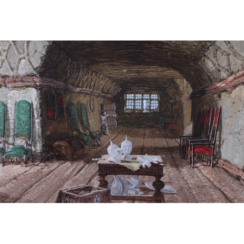 186 - S Rayner (19th century British) - Medieval House Interior Scene - watercolour, framed & glazed, J& R... 