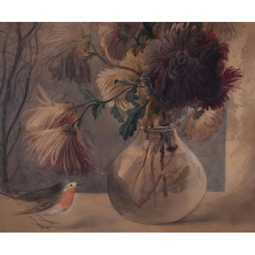 210 - Late 19th century school - Still Life of Chrysanthemums in a Vase with a Robin - watercolour, glazed... 