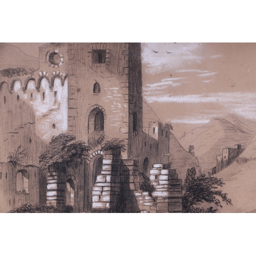 229 - G Devon (late 19th / early 20th century) - Rheinfels - charcoal & pencil sketch of Rheinfels Castle,... 