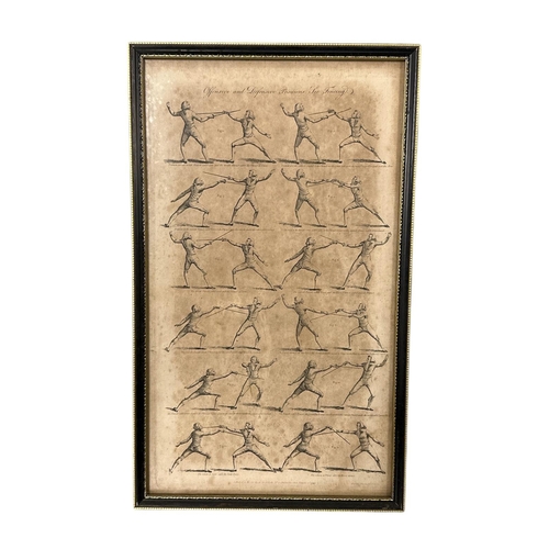 23 - A group of three fencing foils; together with a fencing mask and 19th century engravings depicting f... 