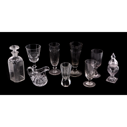 244 - A quantity of mixed glassware to include a flashed glass wine rinser; a Victorian glass dump; a 19th... 