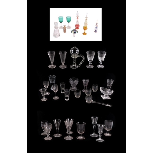 245 - A quantity of mixed glassware to include a lace maker's lamp, scent bottles and wine glasses.