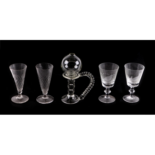 245 - A quantity of mixed glassware to include a lace maker's lamp, scent bottles and wine glasses.