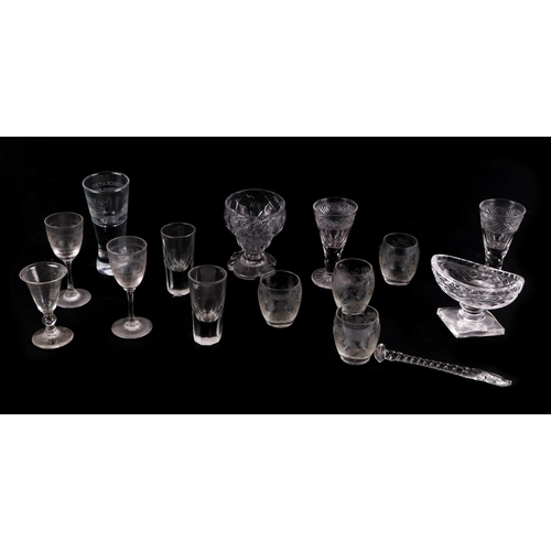 245 - A quantity of mixed glassware to include a lace maker's lamp, scent bottles and wine glasses.