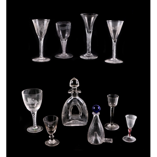 246 - A group of 19th century and later glasses, some with air twist stems, an etched glass decanter and a... 