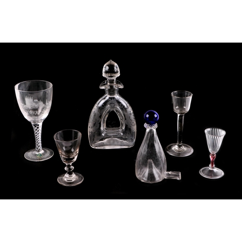 246 - A group of 19th century and later glasses, some with air twist stems, an etched glass decanter and a... 