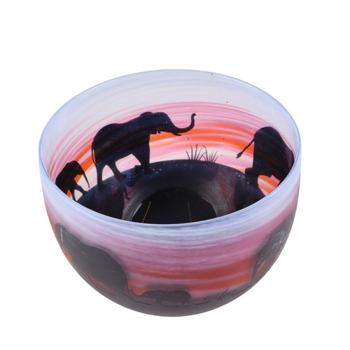 251 - A Malcolm Sutcliffe Studio Cameo glass bowl decorated with an African sunset scene and a herd of ele... 