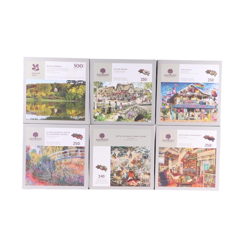 28 - Six Wentworth wooden jigsaw puzzles - Surf Shack, Village Bridge, Stourhead Wiltshire, Wish Upon A B... 