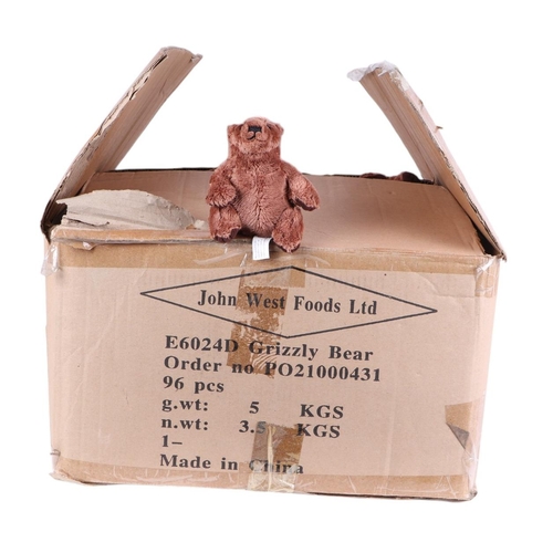 66 - New Old Stock, a box containing 96 Grizzly Bears, unjointed, dark brown plush, Made exclusively for ... 