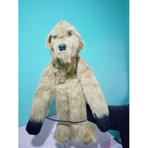 70 - Woodland Kennel Puppets by Joey Hull, light brown plush child’s puppet dog with black plush paws, op... 