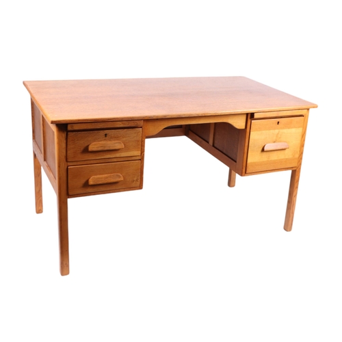 825 - An oak utility kneehole desk with an arrangement of two drawers and a single cupboard, on square leg... 