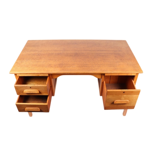 825 - An oak utility kneehole desk with an arrangement of two drawers and a single cupboard, on square leg... 