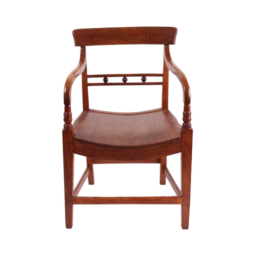 827 - A 19th century oak carver chair with solid seat, tapering square legs joined by stretchers.