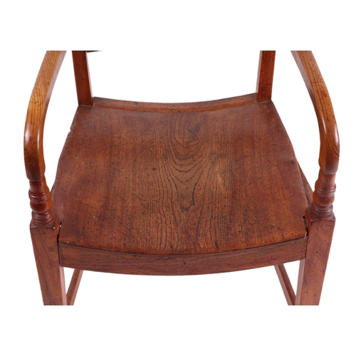 827 - A 19th century oak carver chair with solid seat, tapering square legs joined by stretchers.