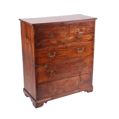 836 - A 19th century teak secretaire Campaign chest of small proportions, the top drawer opening to reveal... 