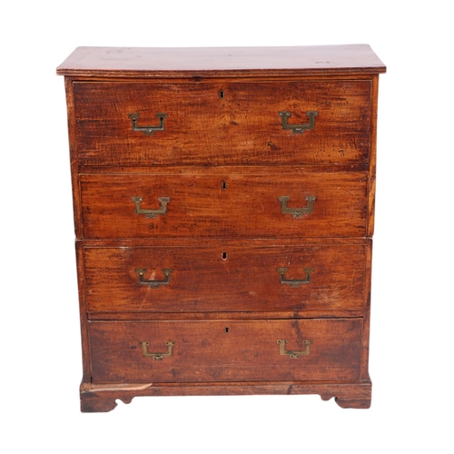 836 - A 19th century teak secretaire Campaign chest of small proportions, the top drawer opening to reveal... 