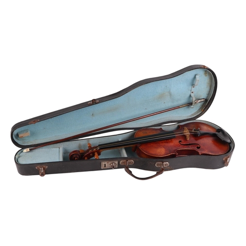 92 - A one-piece back violin and bow, 59cms long.