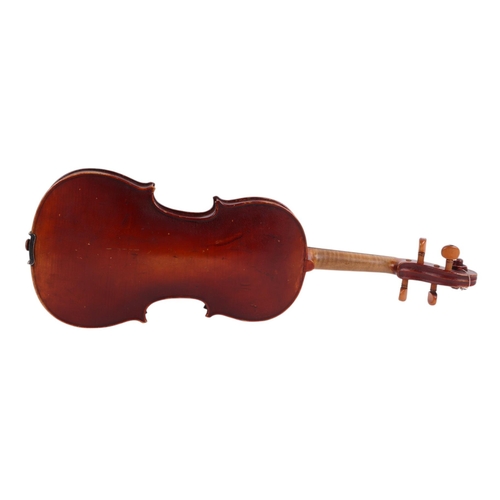 92 - A one-piece back violin and bow, 59cms long.