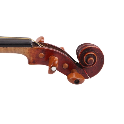 92 - A one-piece back violin and bow, 59cms long.