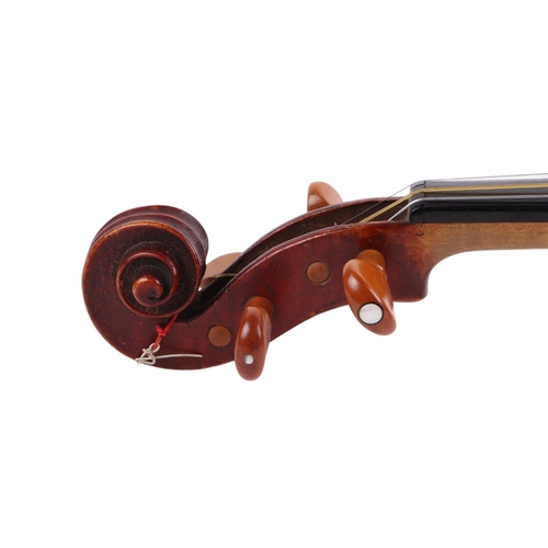 92 - A one-piece back violin and bow, 59cms long.